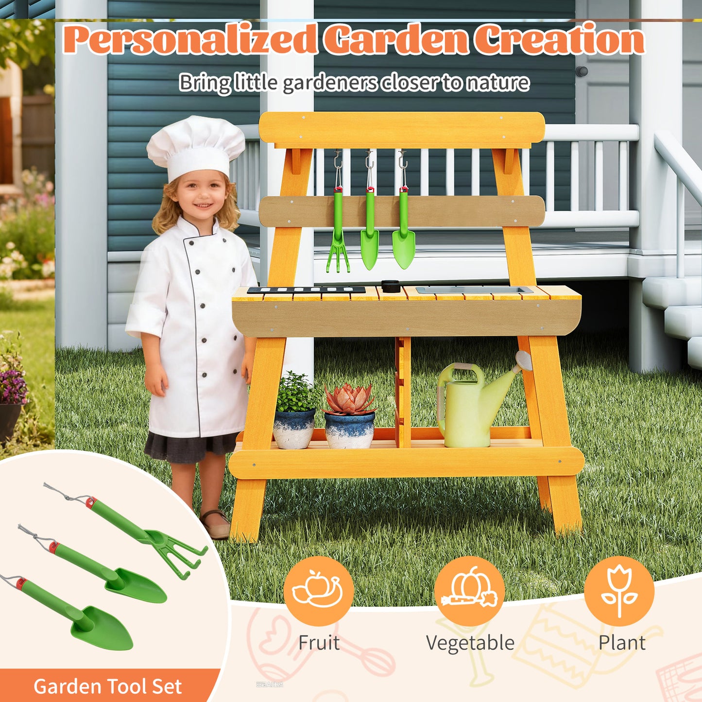 Yellow Kids Outdoor Mud Kitchen | BBQ Rack Sink Garden Tools
