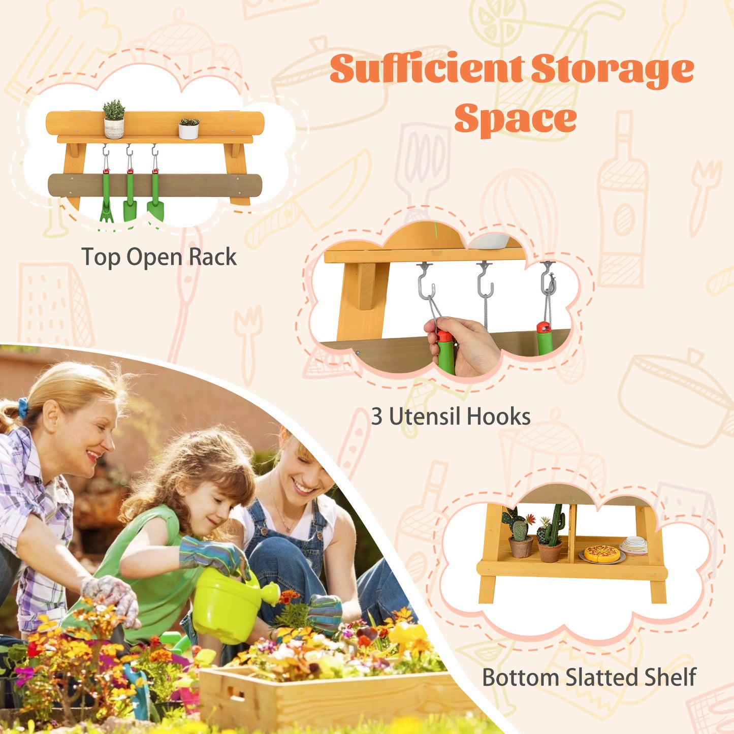 Yellow Kids Outdoor Mud Kitchen | BBQ Rack Sink Garden Tools