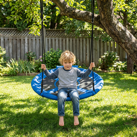 Costway Outdoor Saucer Flying Swing with Adjustable Straps for Kids 3 Plus-Blue