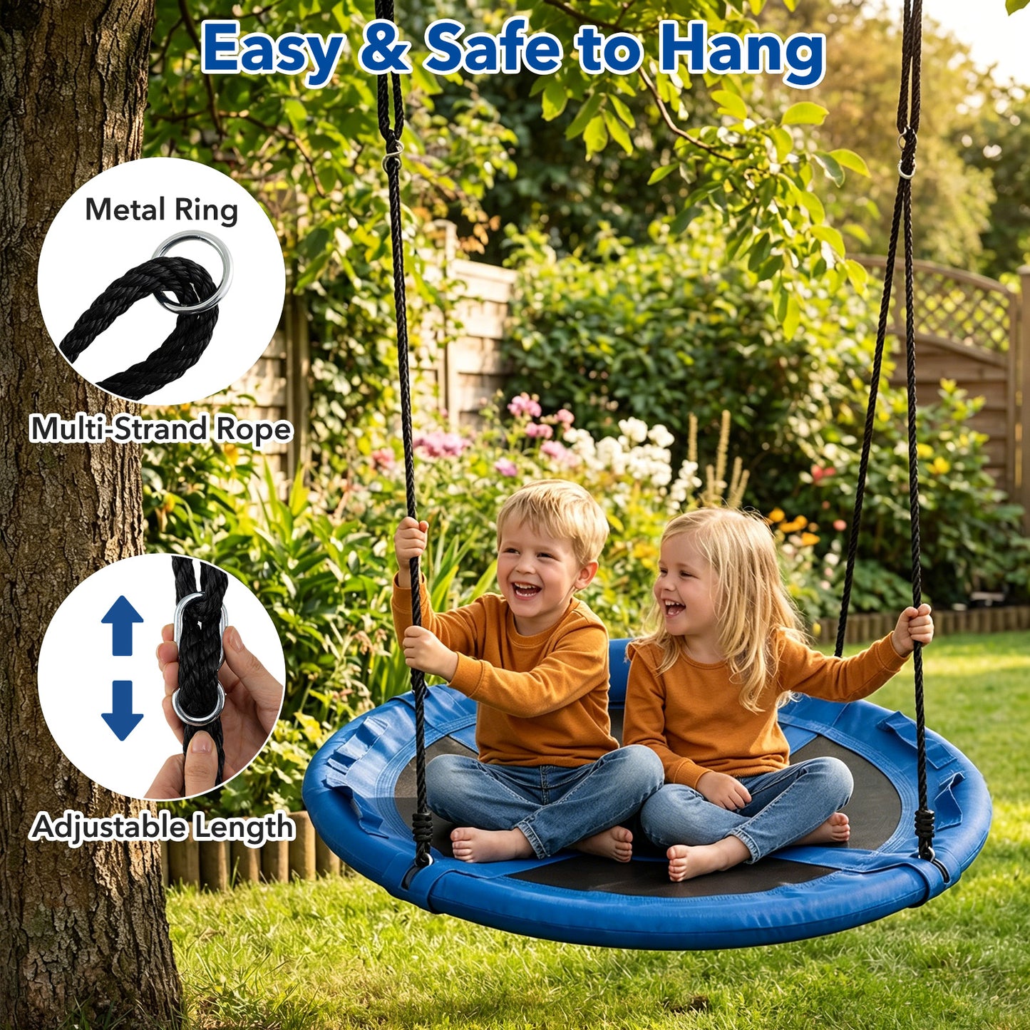 Blue Outdoor Saucer Flying Swing | Adjustable Straps for Kids 3+