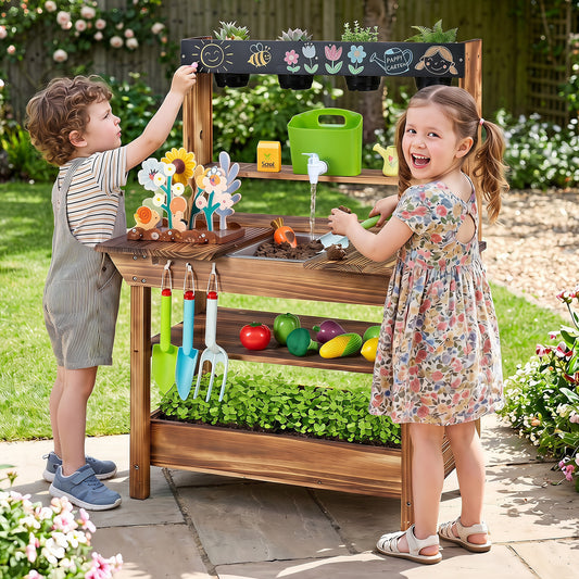 Costway Outdoor Wood Mud Kitchen with Water Faucet Sink and Planter-Brown