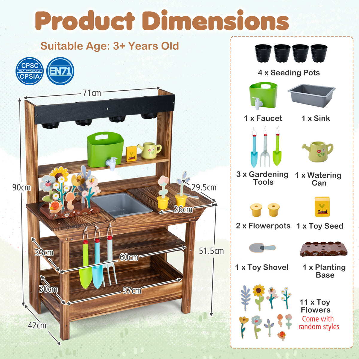 Brown Wood Mud Kitchen | Faucet Sink Planter & Garden Play