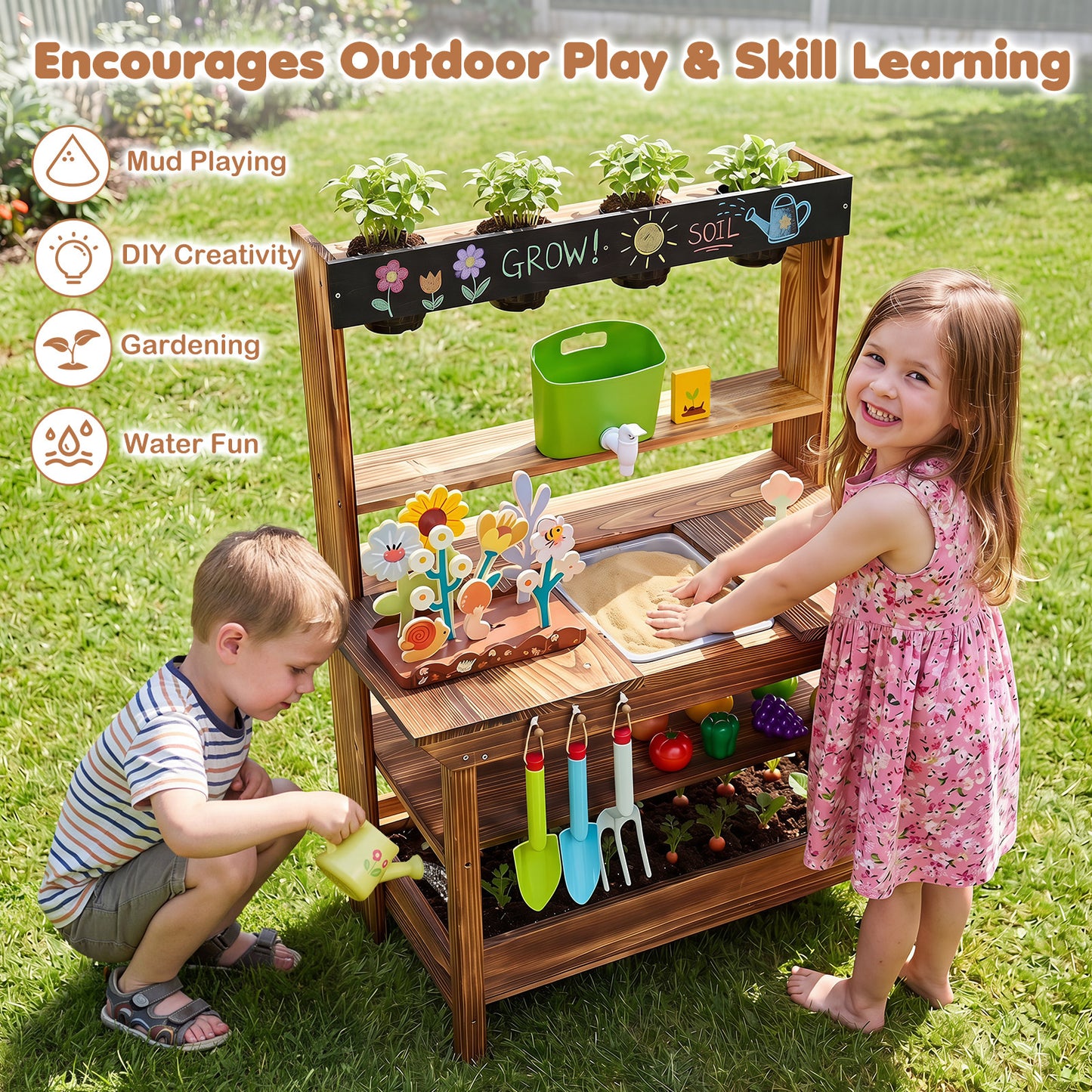 Brown Wood Mud Kitchen | Faucet Sink Planter & Garden Play