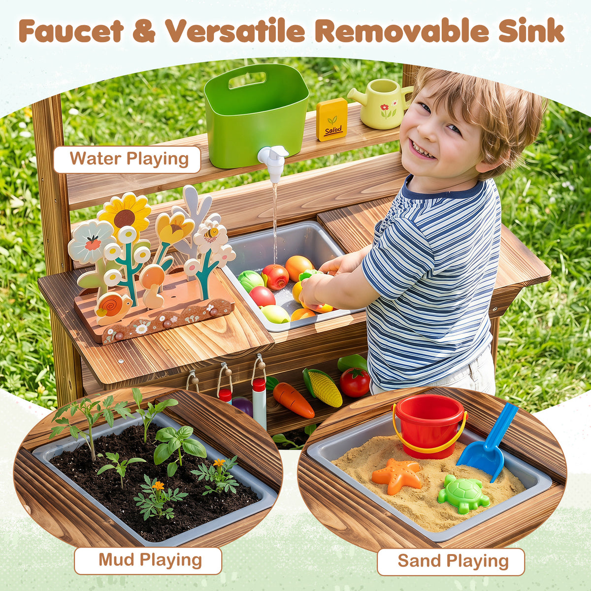 Brown Wood Mud Kitchen | Faucet Sink Planter & Garden Play