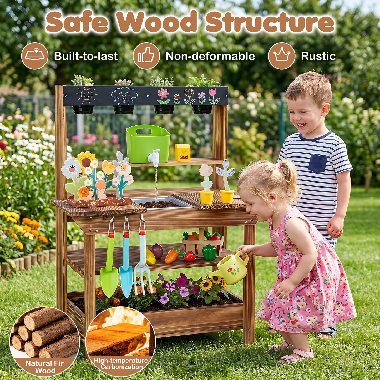 Brown Wood Mud Kitchen | Faucet Sink Planter & Garden Play