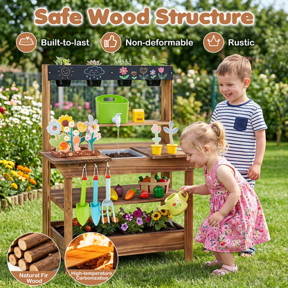 Brown Wood Mud Kitchen | Faucet Sink Planter & Garden Play