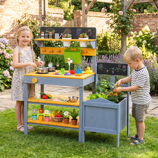 Costway Outdoor Wooden Play Kitchen Potting Bench with Plant Pots-Yellow