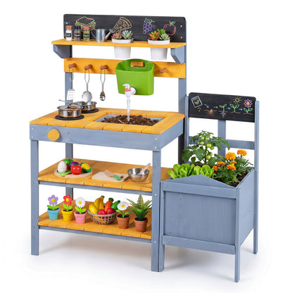 Kids Wooden Mud Kitchen Potting Bench | Yellow & Blue