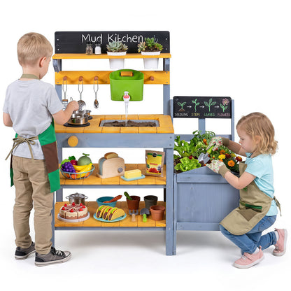 Kids Wooden Mud Kitchen Potting Bench | Yellow & Blue