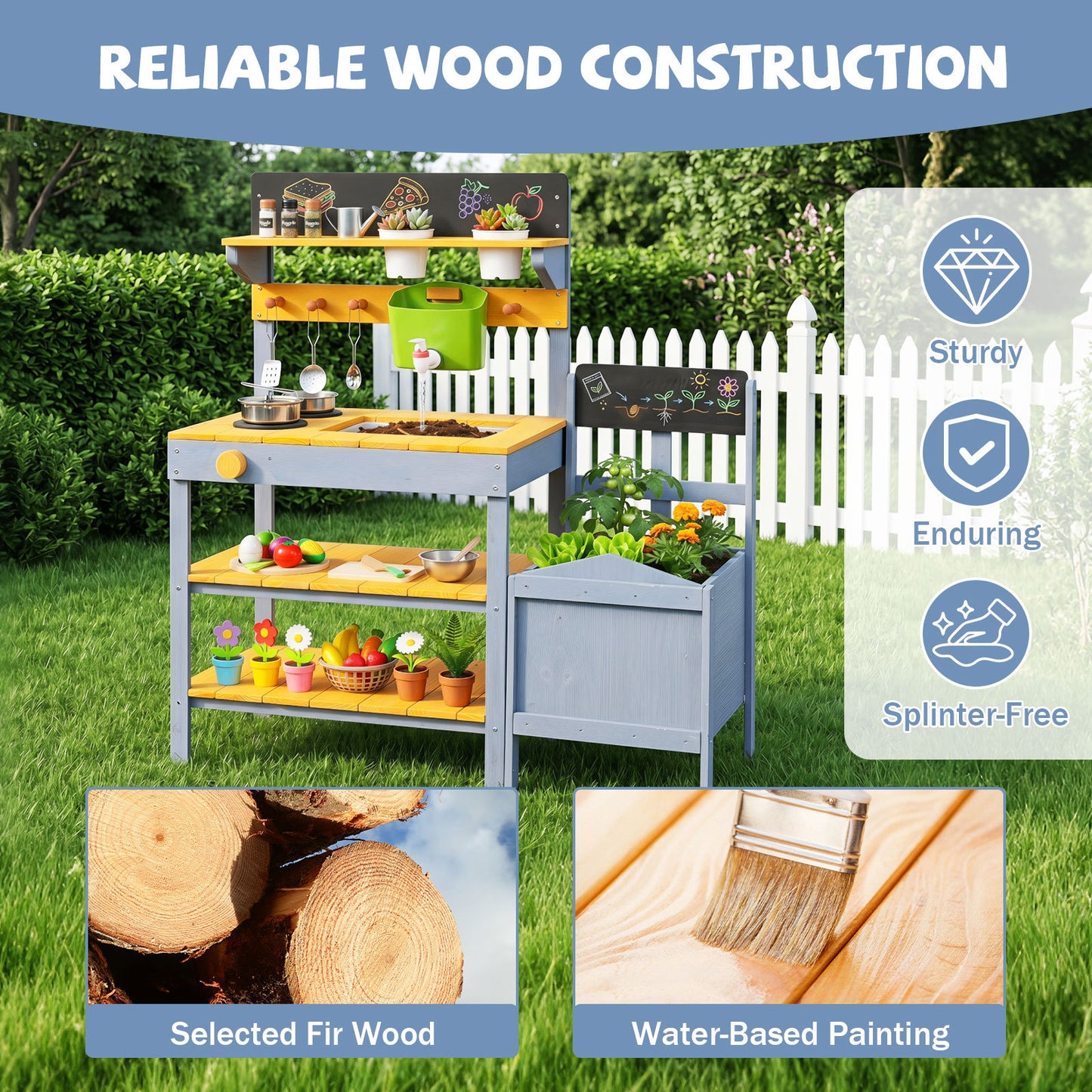 Kids Wooden Mud Kitchen Potting Bench | Yellow & Blue