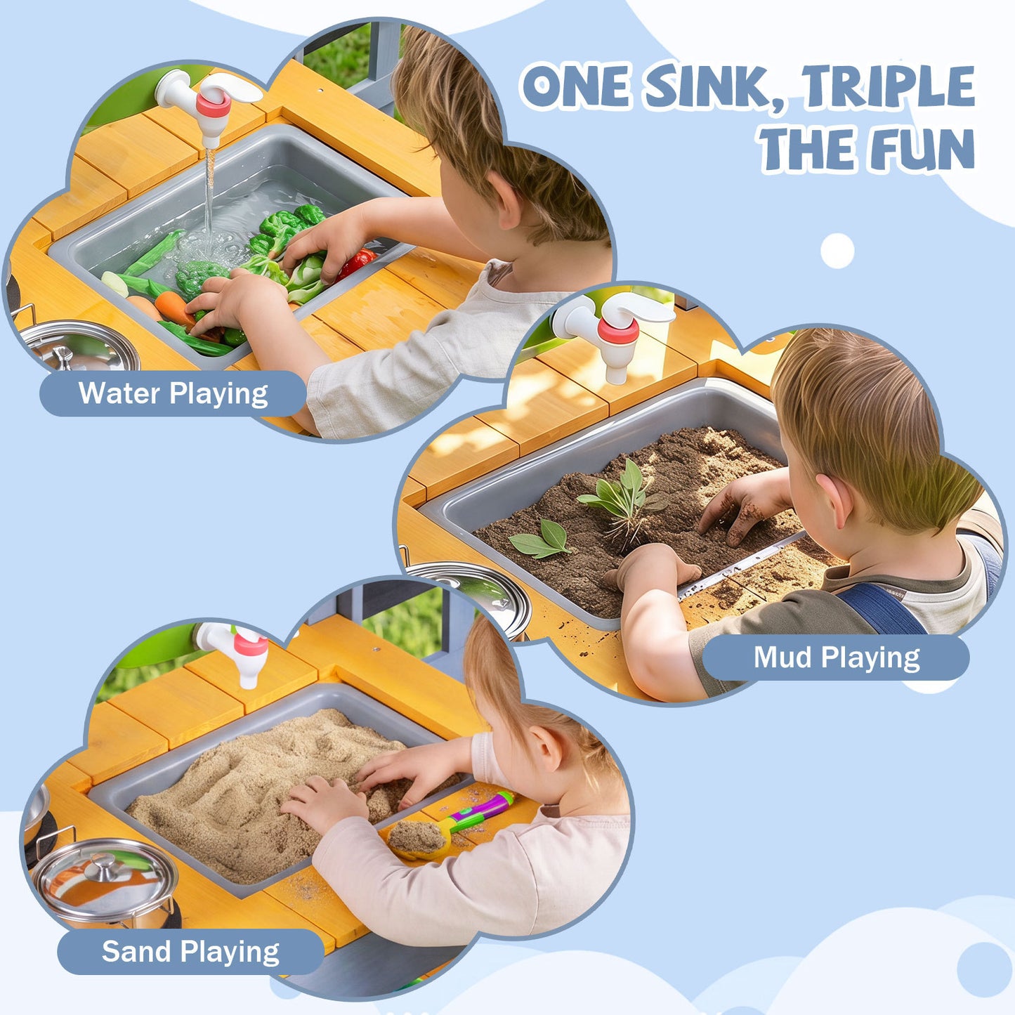 Kids Wooden Mud Kitchen Potting Bench | Yellow & Blue