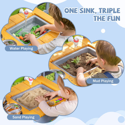 Kids Wooden Mud Kitchen Potting Bench | Yellow & Blue