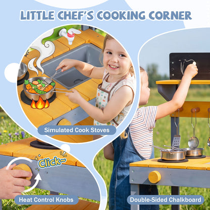 Kids Wooden Mud Kitchen Potting Bench | Yellow & Blue