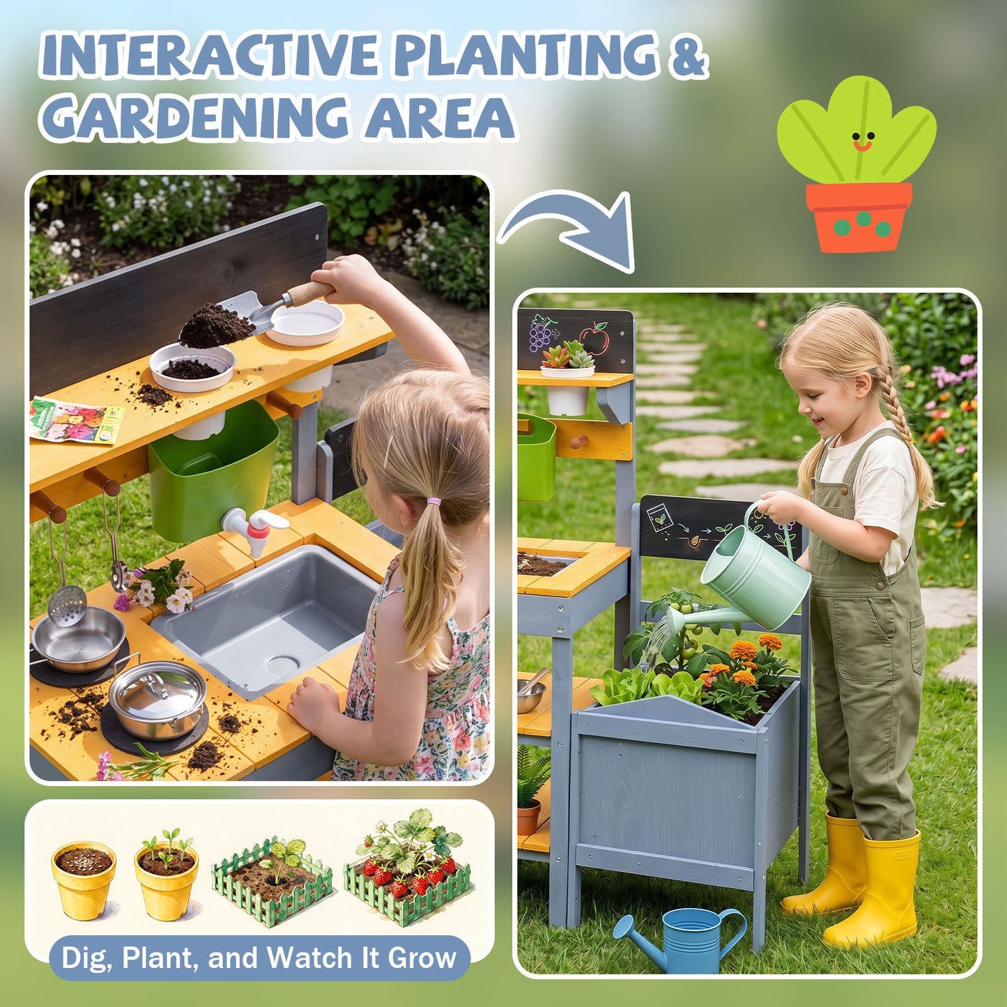 Kids Wooden Mud Kitchen Potting Bench | Yellow & Blue