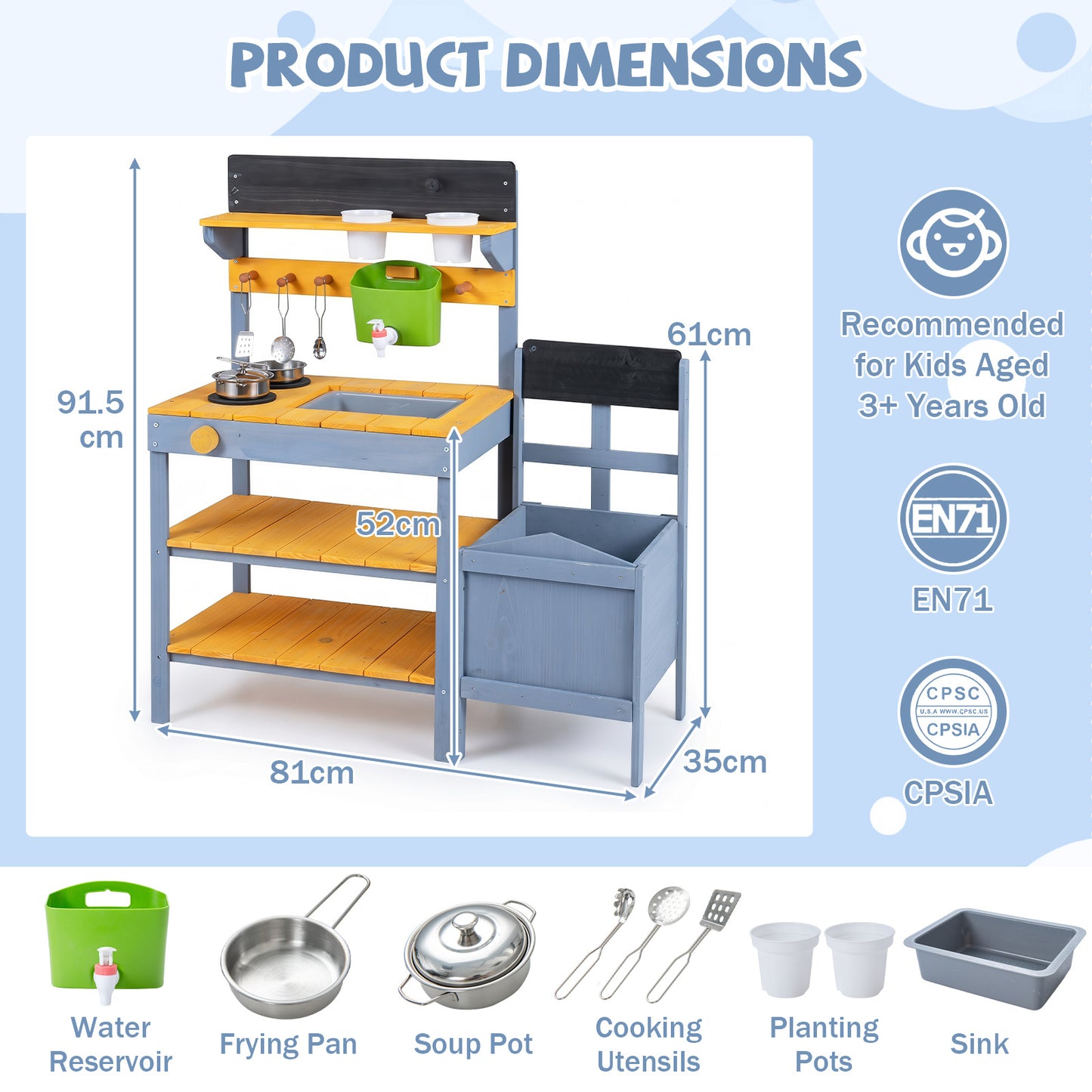 Kids Wooden Mud Kitchen Potting Bench | Yellow & Blue