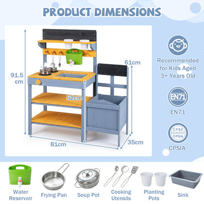 Kids Wooden Mud Kitchen Potting Bench | Yellow & Blue