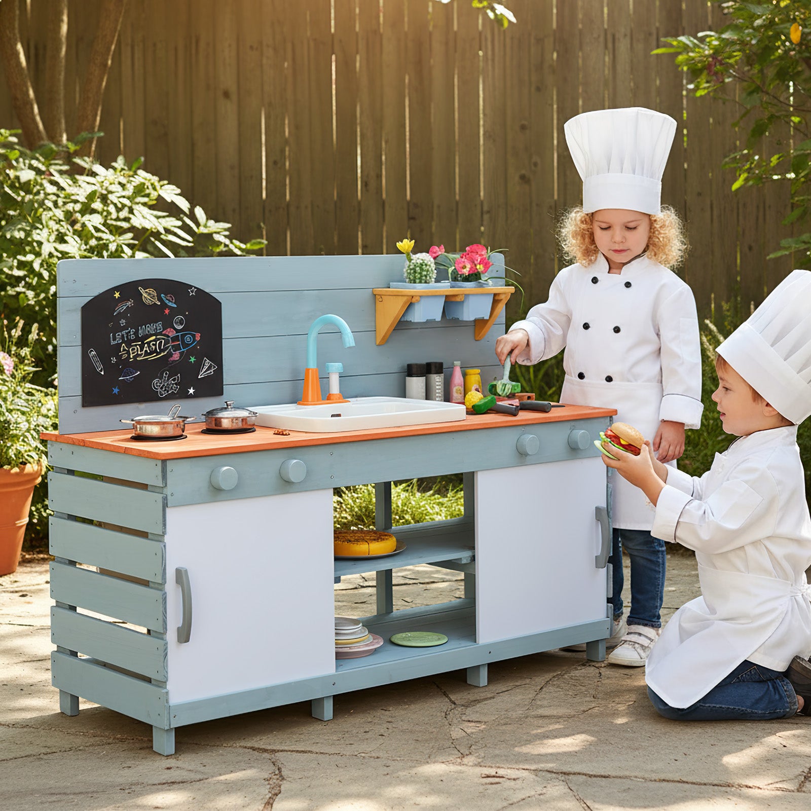 Outdoor Kids Play Wooden Kitchen Set with Sliding Doors and Cabinets for Aged 3-8-Blue