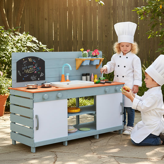 Outdoor Kids Play Wooden Kitchen Set with Sliding Doors and Cabinets for Aged 3-8-Blue