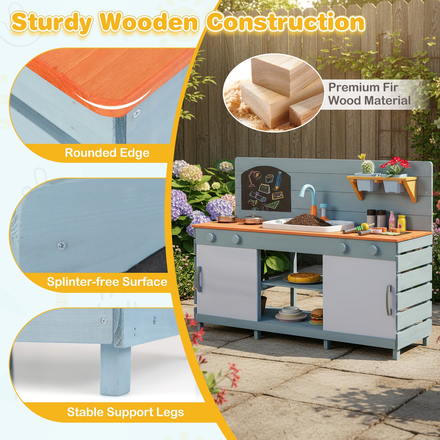 Blue Wooden Play Kitchen | Sliding Doors Grill Stoves Ages 3-8