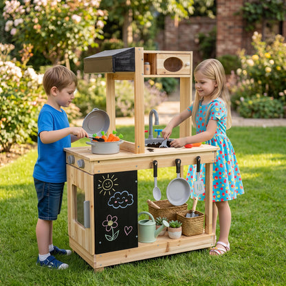 Natural Outdoor Mud Kitchen For Kids | Sink Stove & Chalkboard
