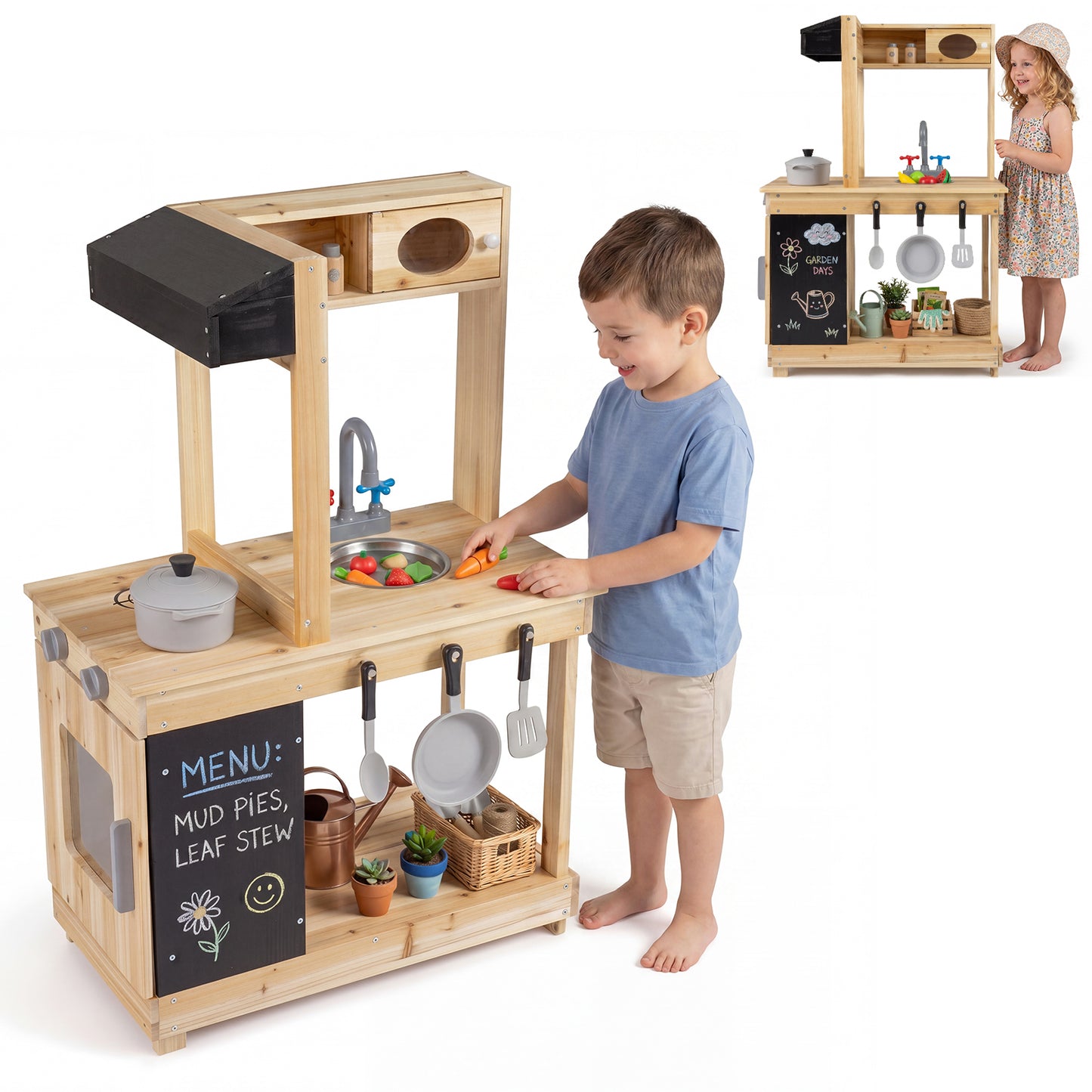 Natural Outdoor Mud Kitchen For Kids | Sink Stove & Chalkboard