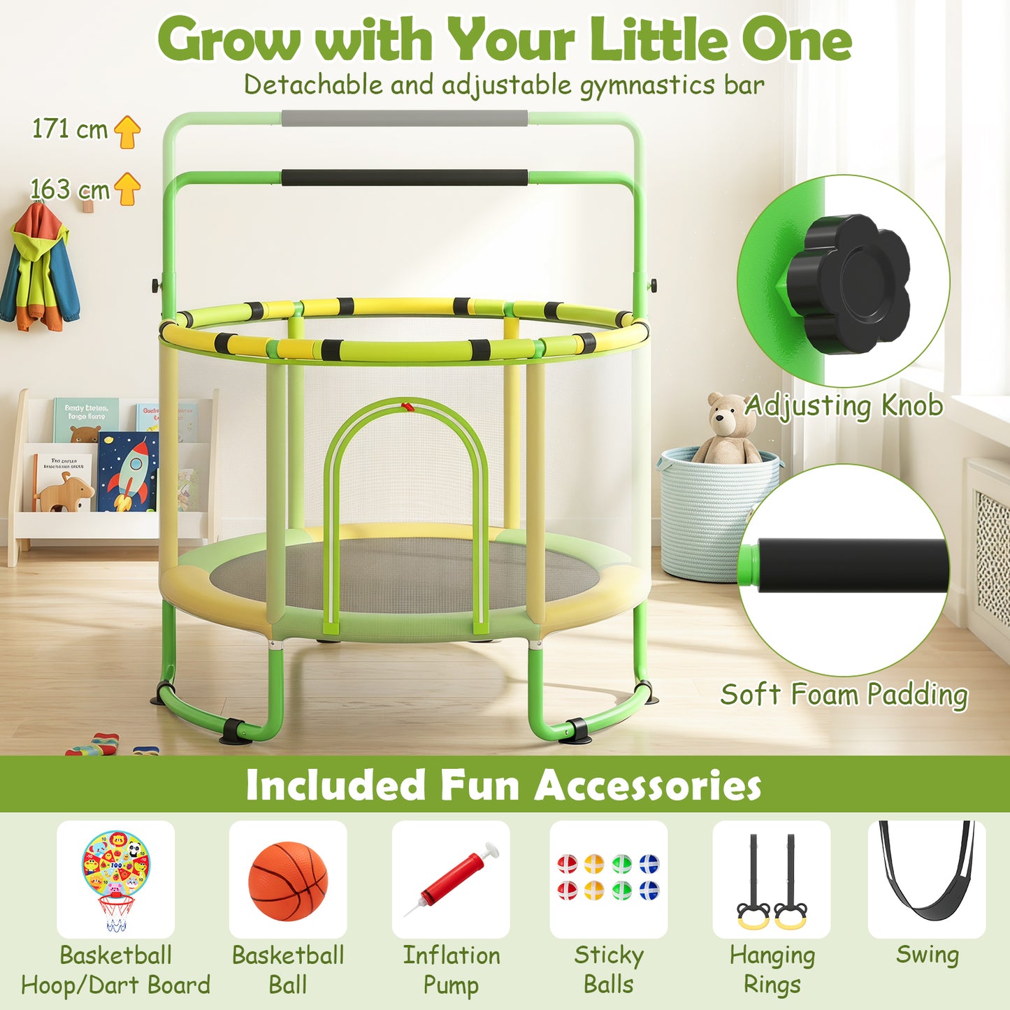 6 In 1 Green Toddler Trampoline | Swing Basketball Hoop & More