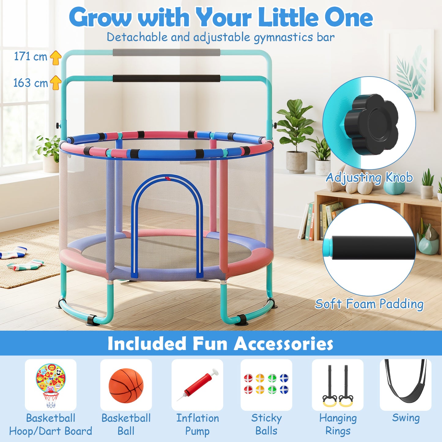 6 In 1 Navy Toddler Trampoline | Swing Basketball Hoop & More