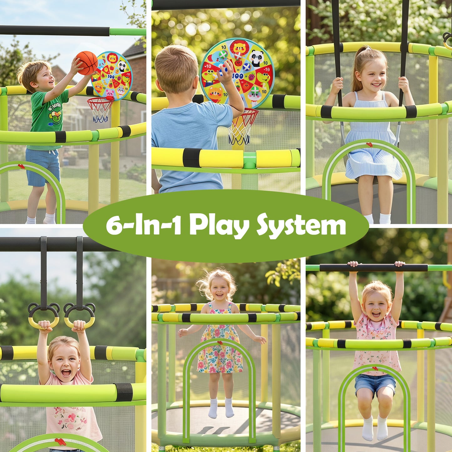 Costway 6-in-1 Toddler Trampoline with Swing Basketball Hoop and Toys-Green