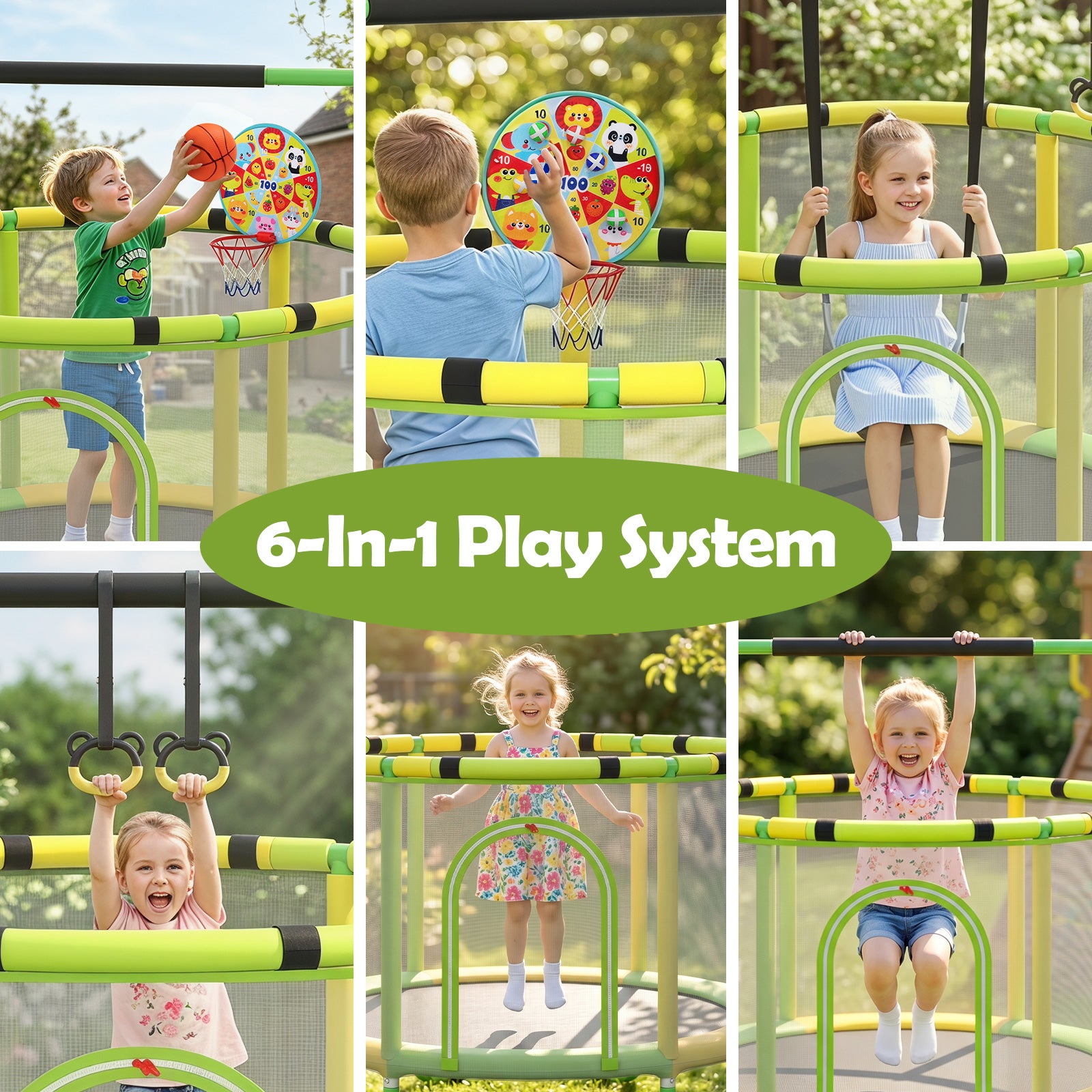 Costway 6-in-1 Toddler Trampoline with Swing Basketball Hoop and Toys-Green