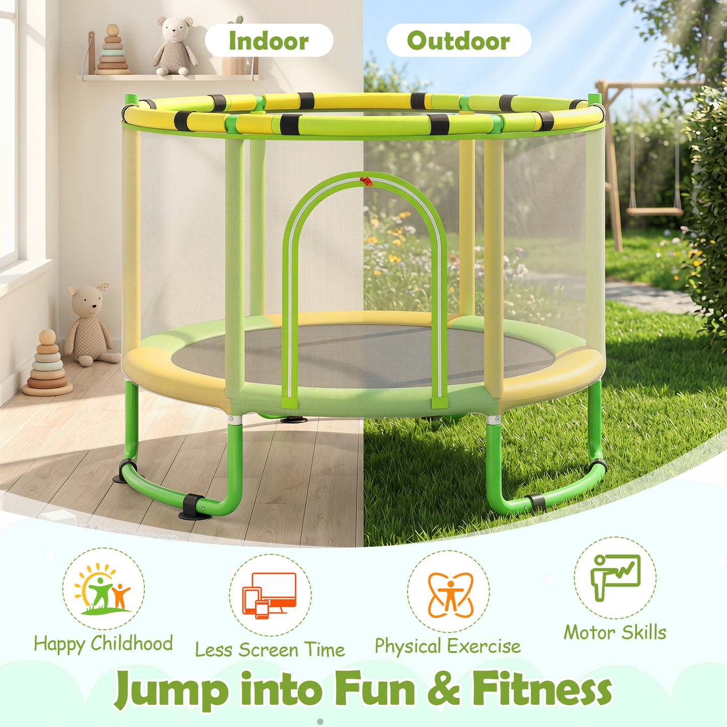 6 In 1 Green Toddler Trampoline | Swing Basketball Hoop & More