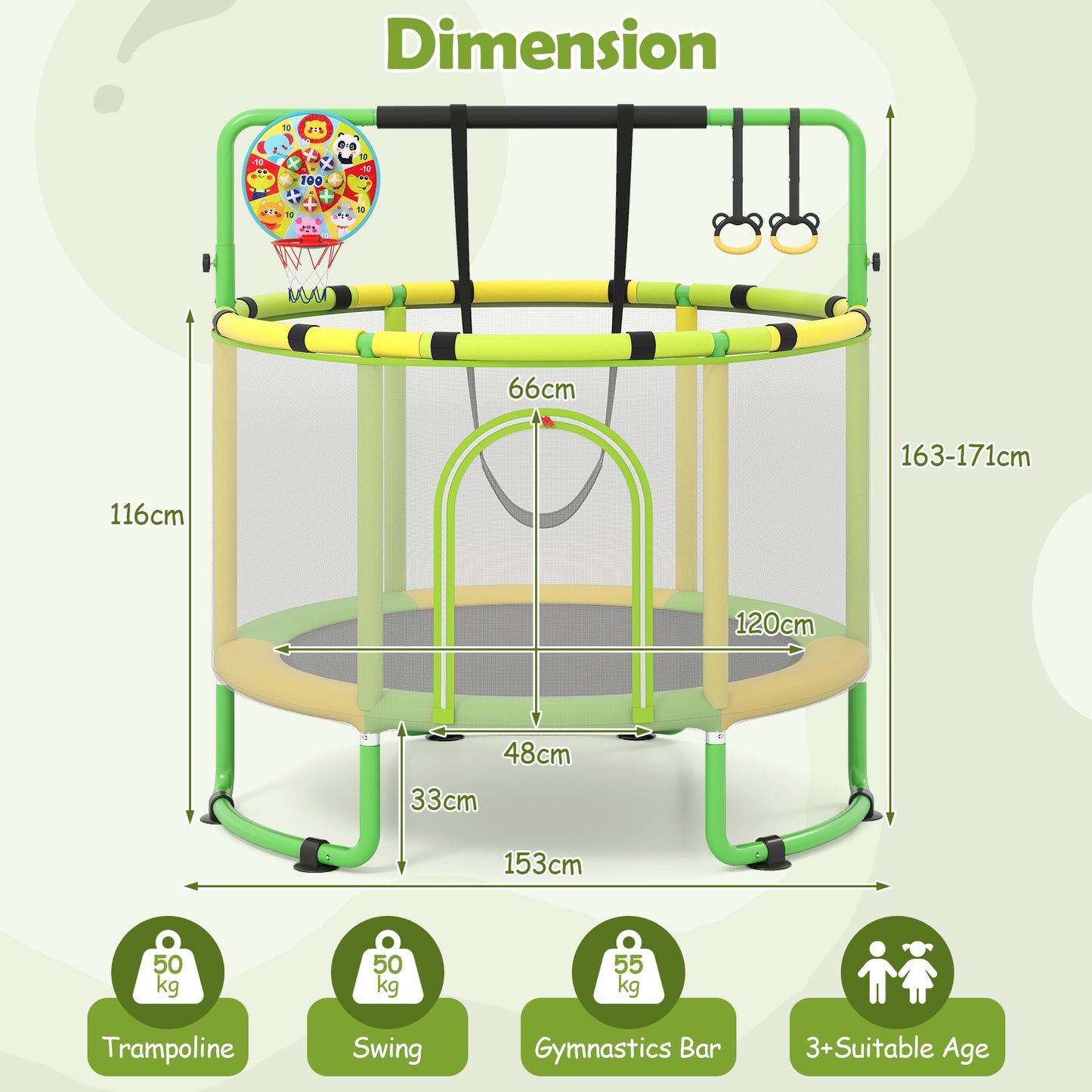 6 In 1 Green Toddler Trampoline | Swing Basketball Hoop & More
