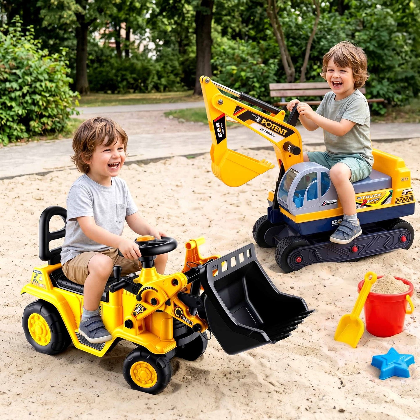 Keezi Kids Ride On Toy Car Bulldozer and Digger with Helmet Outdoor Sandpit Toys Yellow
