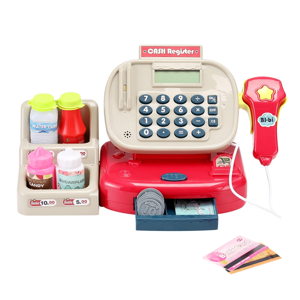 Colorful kids cash register toy with multifunctional calculator and scanner for imaginative play.