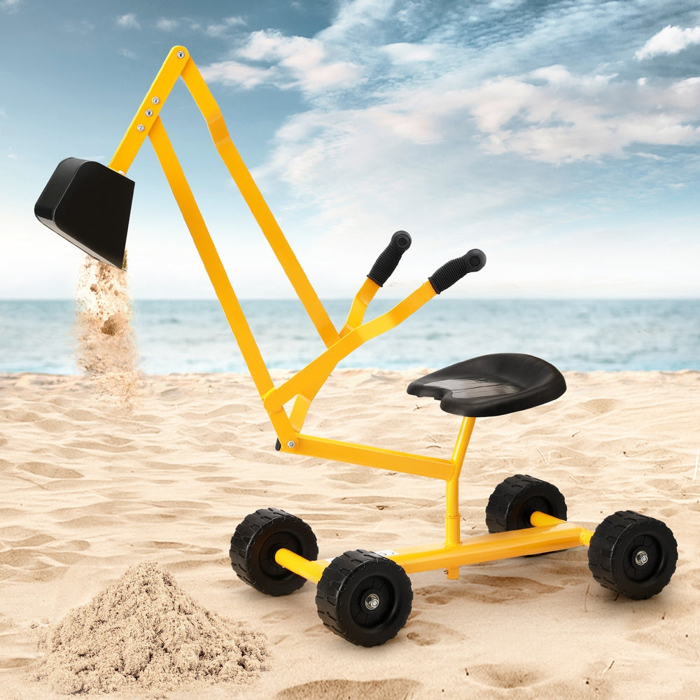 Yellow ride-on excavator toy for kids, ideal for imaginative construction play at home.