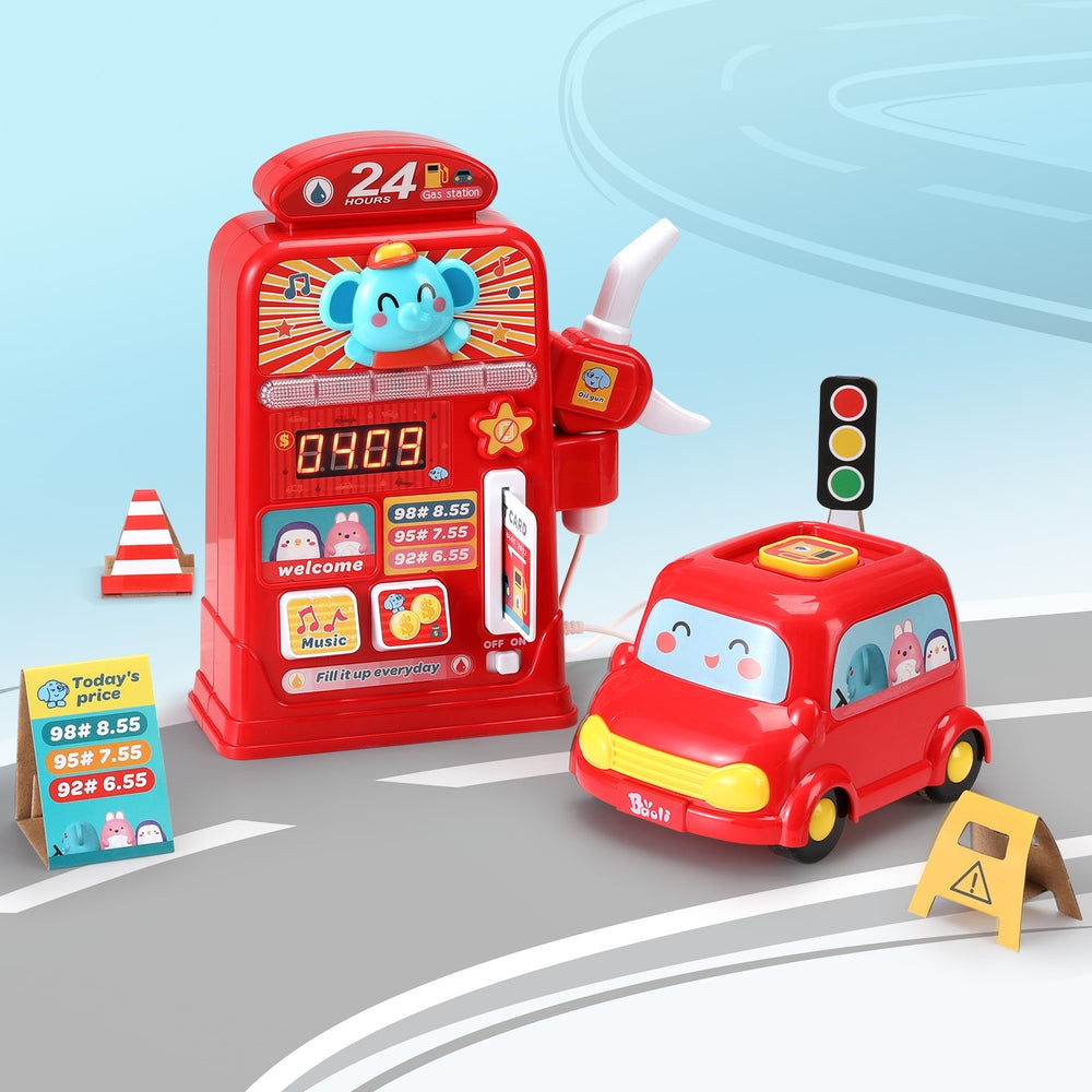 Keezi Kids Play Gas Station toy set with sound effects and toy car for imaginative play.