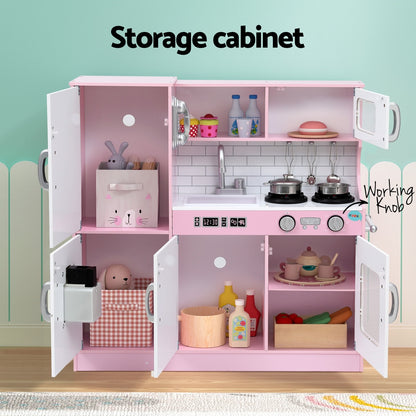 Keezi Kids Wooden Play Kitchen Set in Pink with Accessories - 80CM, engaging pretend play.