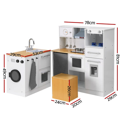 Wooden kitchen playset with coffee maker toy set for realistic pretend play fun at home.