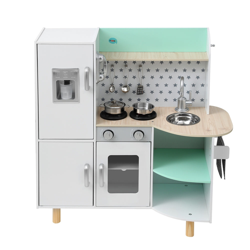 Keezi Kids Wooden Kitchen Play Set in Green, with Accessories for imaginative home play.