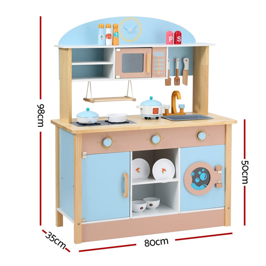 Keezi Kids Wooden Play Kitchen Set with Accessories in Blue for creative home play.