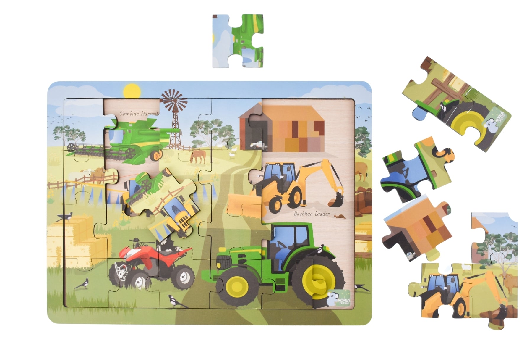 Australian farm vehicle puzzle with 24 pieces features tractors and trucks for educational playtime fun.