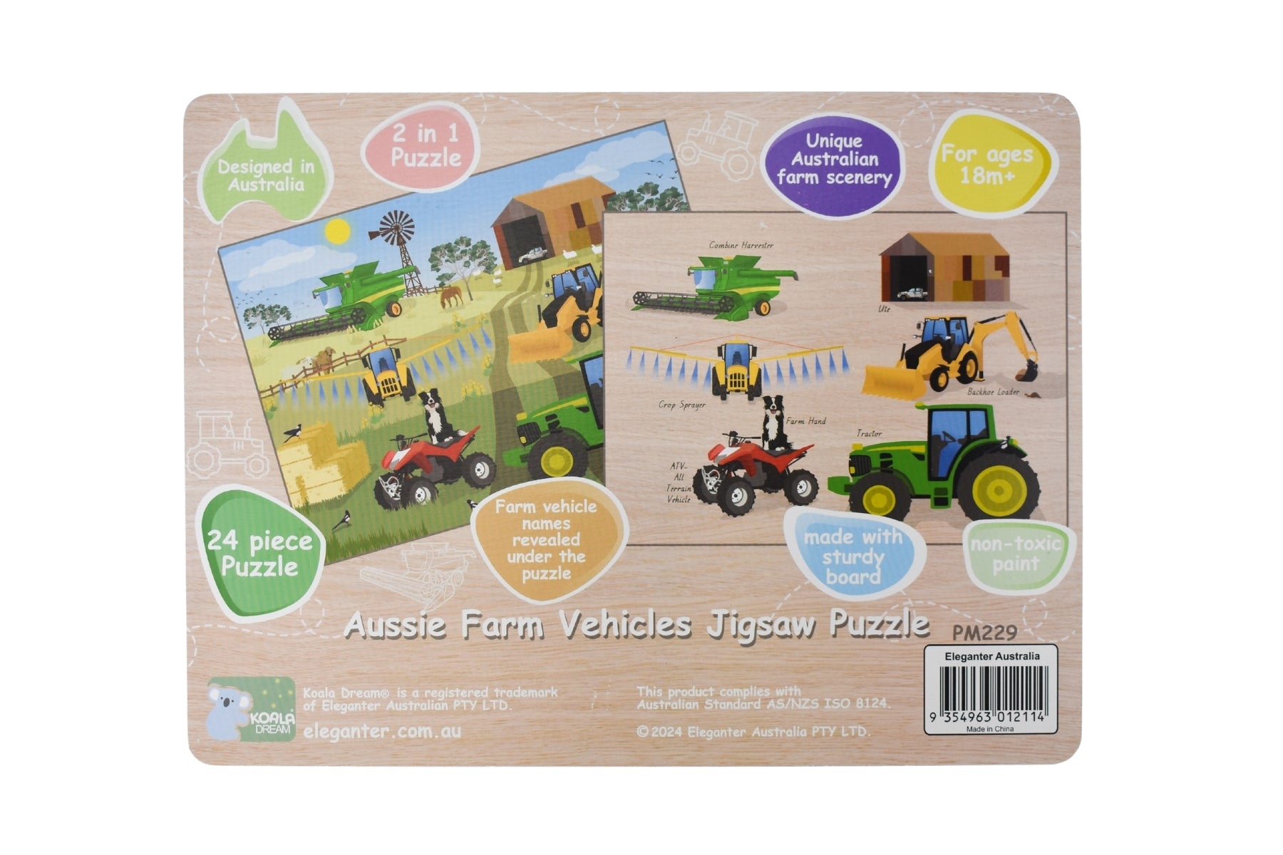 Australian farm vehicle puzzle with 24 pieces features tractors and trucks for educational playtime fun.