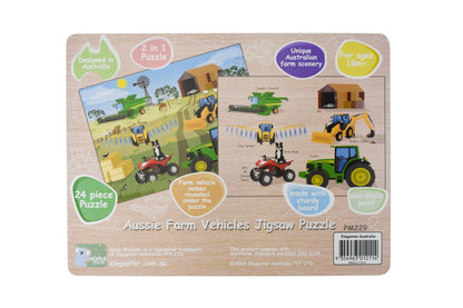 Australian farm vehicle puzzle with 24 pieces features tractors and trucks for educational playtime fun.