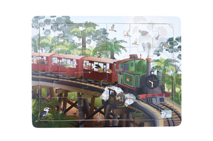 Australian animal-themed 24-piece jigsaw puzzle featuring characters on a train for educational fun.