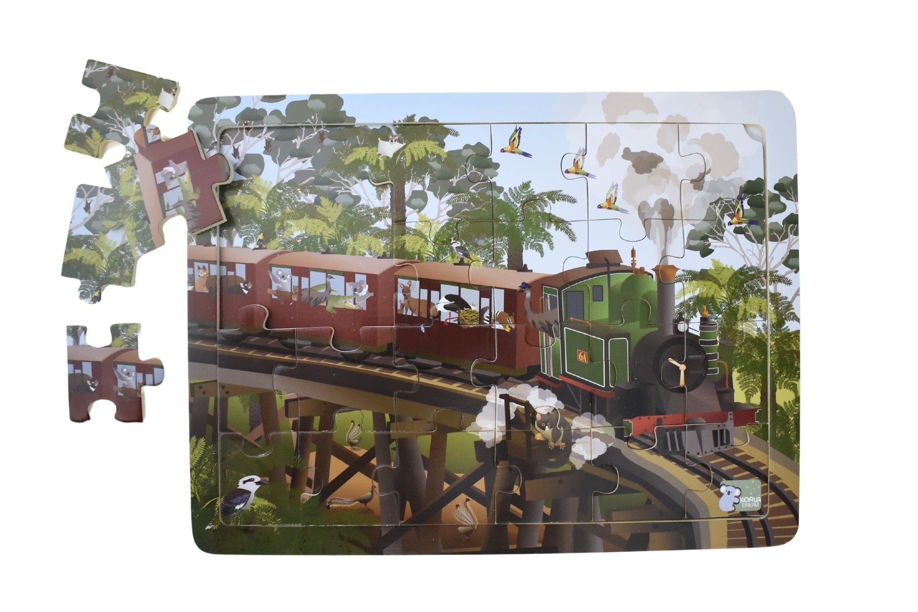 Australian animal-themed 24-piece jigsaw puzzle featuring characters on a train for educational fun.