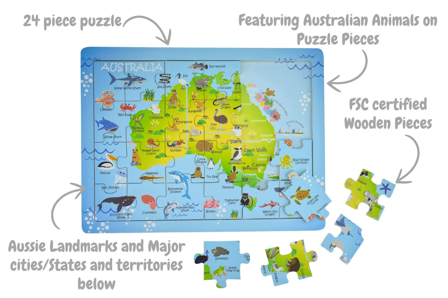 24 Pc Jigsaw Puzzle Australian Map Aussie Animal And Landmark