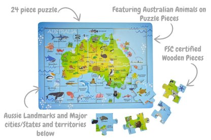 24 Pc Jigsaw Puzzle Australian Map Aussie Animal And Landmark