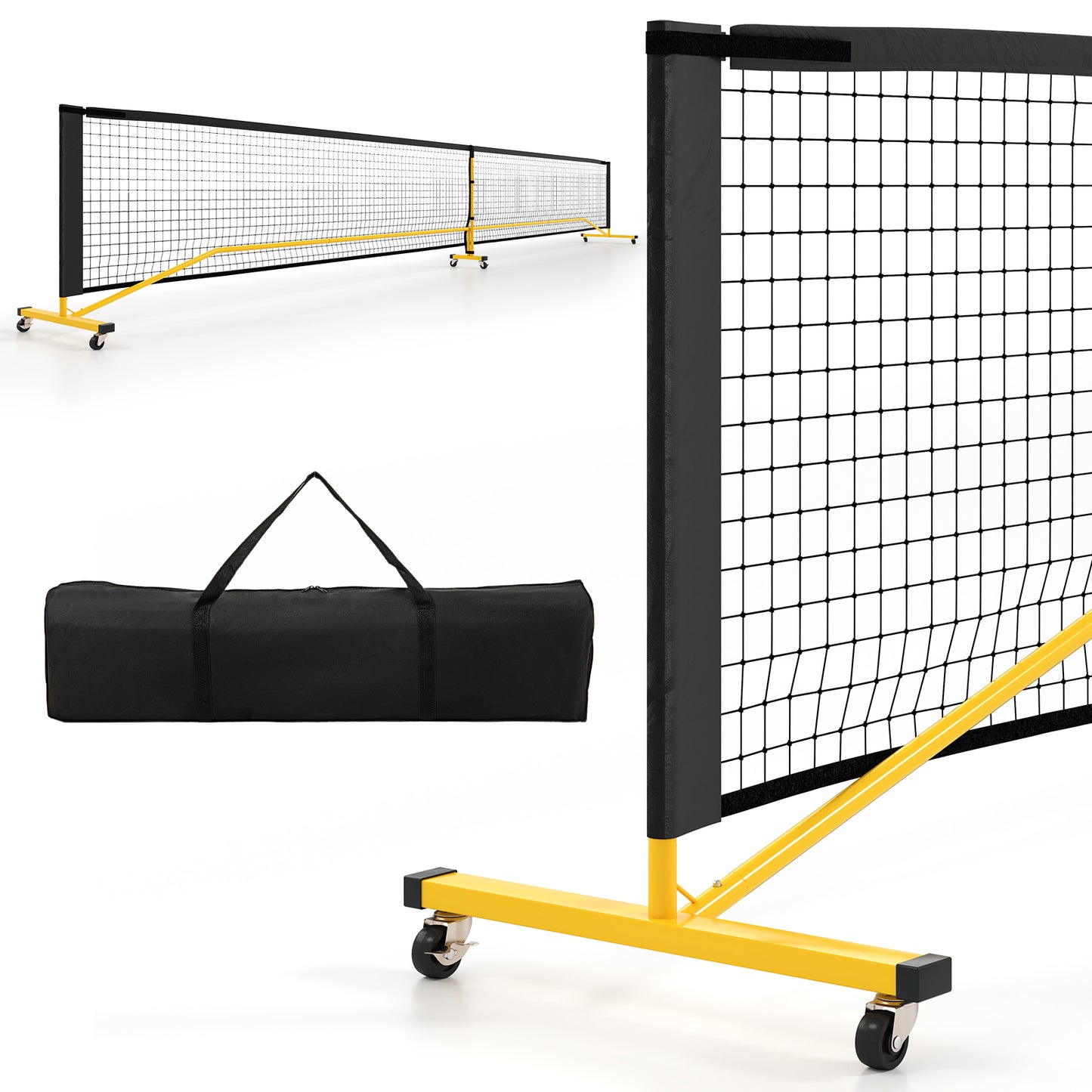 6.75m Black Yellow Portable Pickleball Net | 6 Lockable Wheels