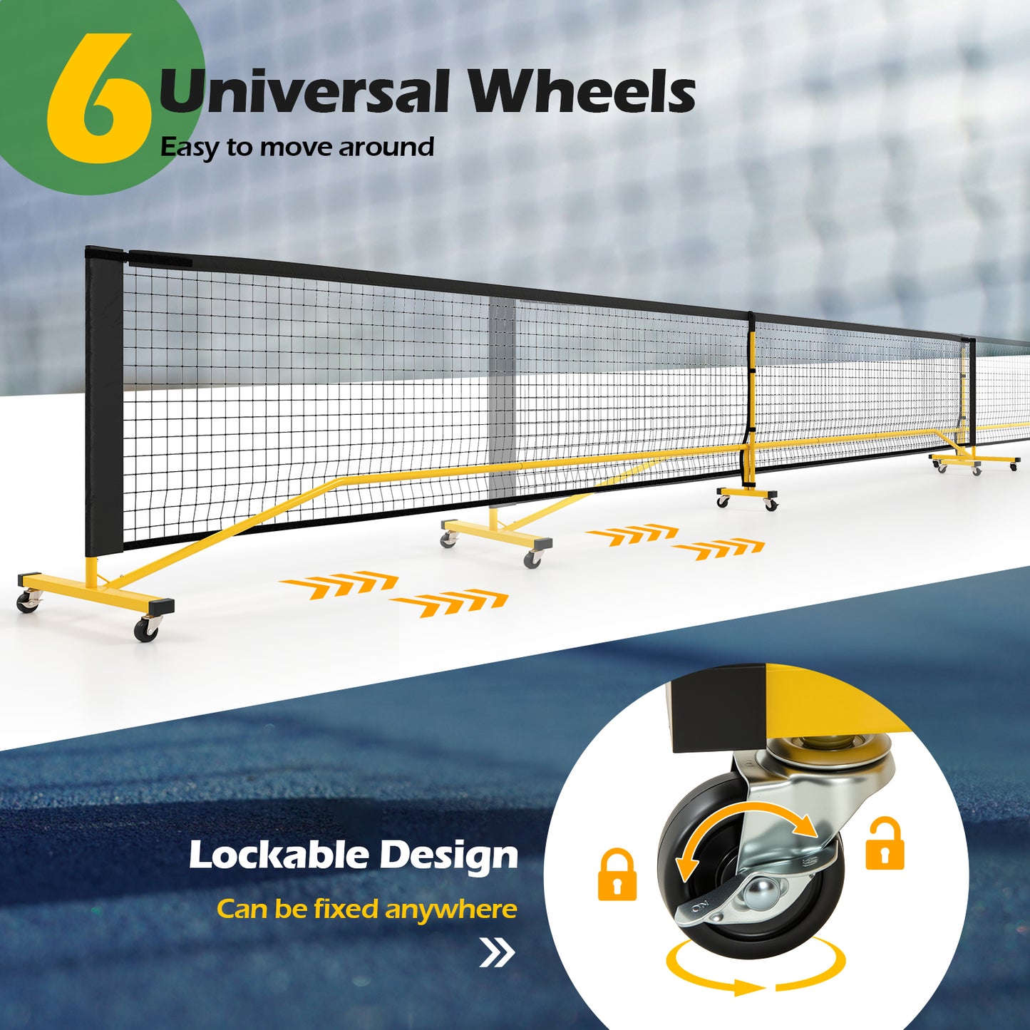 6.75m Black Yellow Portable Pickleball Net | 6 Lockable Wheels
