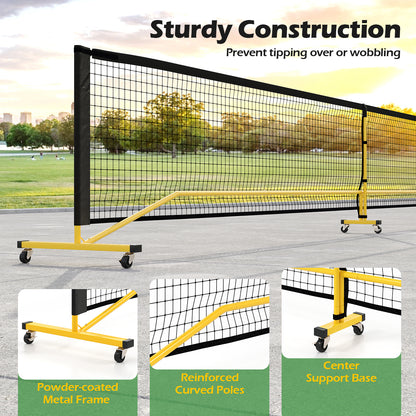 6.75m Black Yellow Portable Pickleball Net | 6 Lockable Wheels