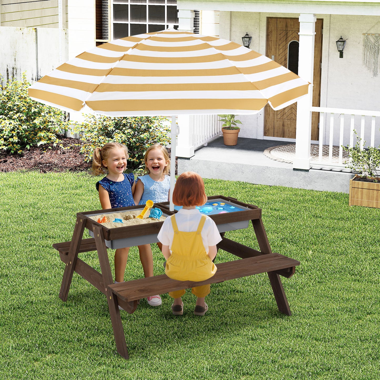3 In 1 Kids Picnic Table | Water Sand Play | Adjustable Umbrella